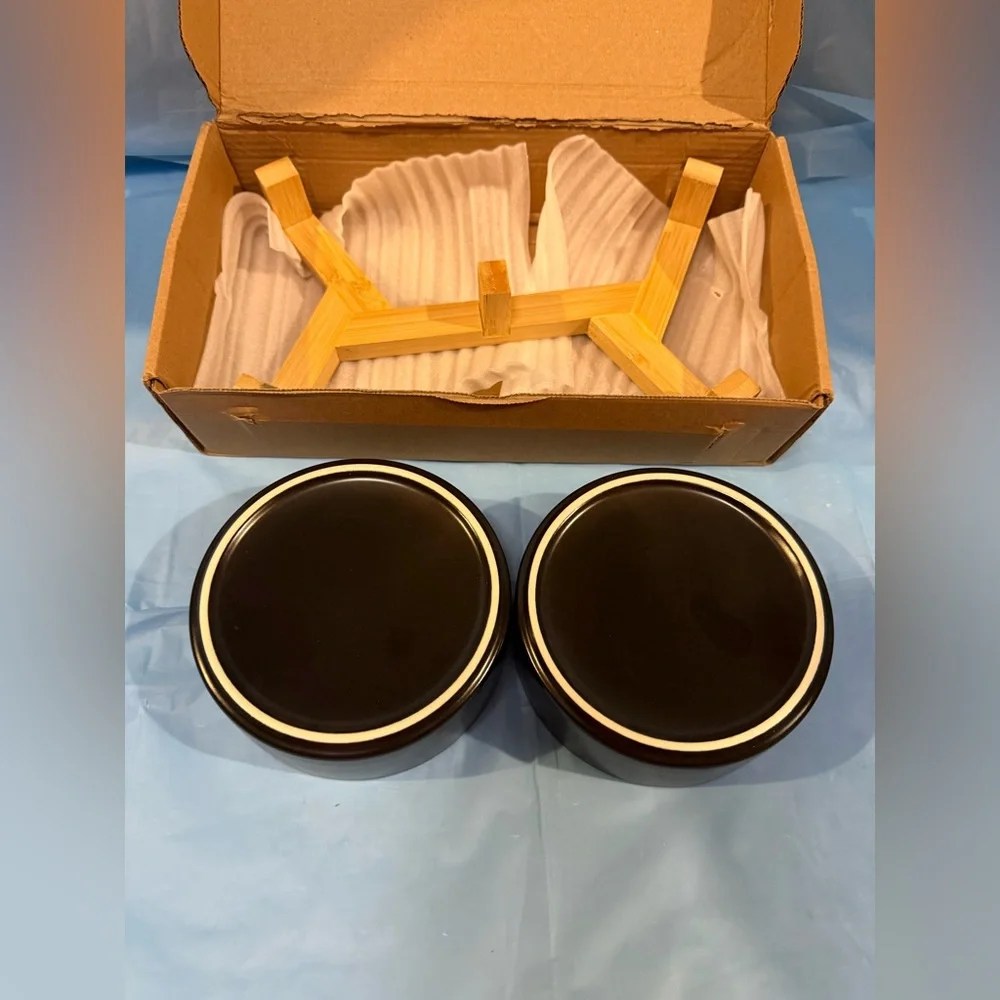 Black Ceramic Dog & Cat Bowl Set W/Wooden Stand